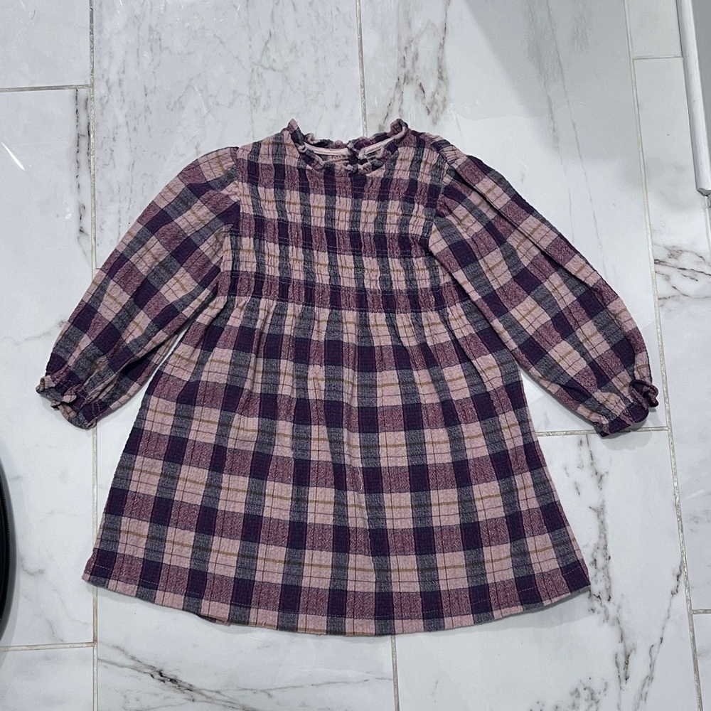 Girls Plaid Long-Sleeve Dress in Purple and Pink